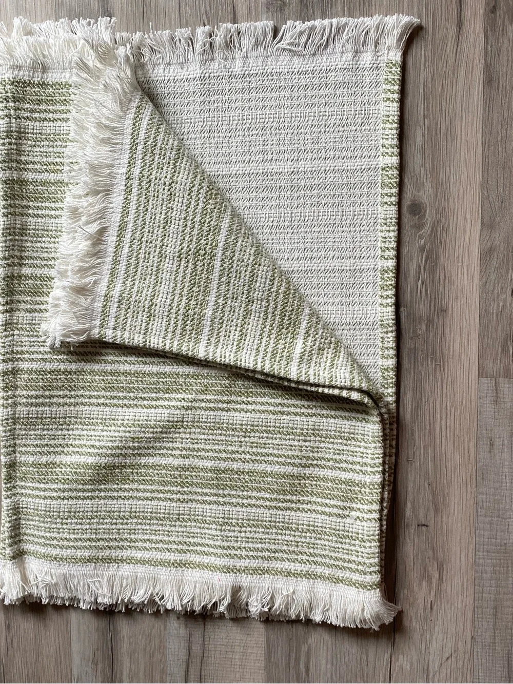 Green and Cream Striped Woven Accent Table Placemats with Fringe